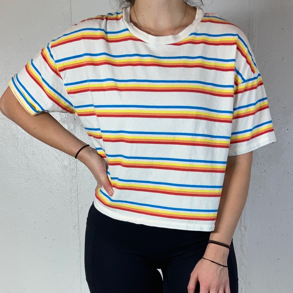 Rainbow Striped Cropped Short Sleeve Tee Shirt - Picture 2 of 7